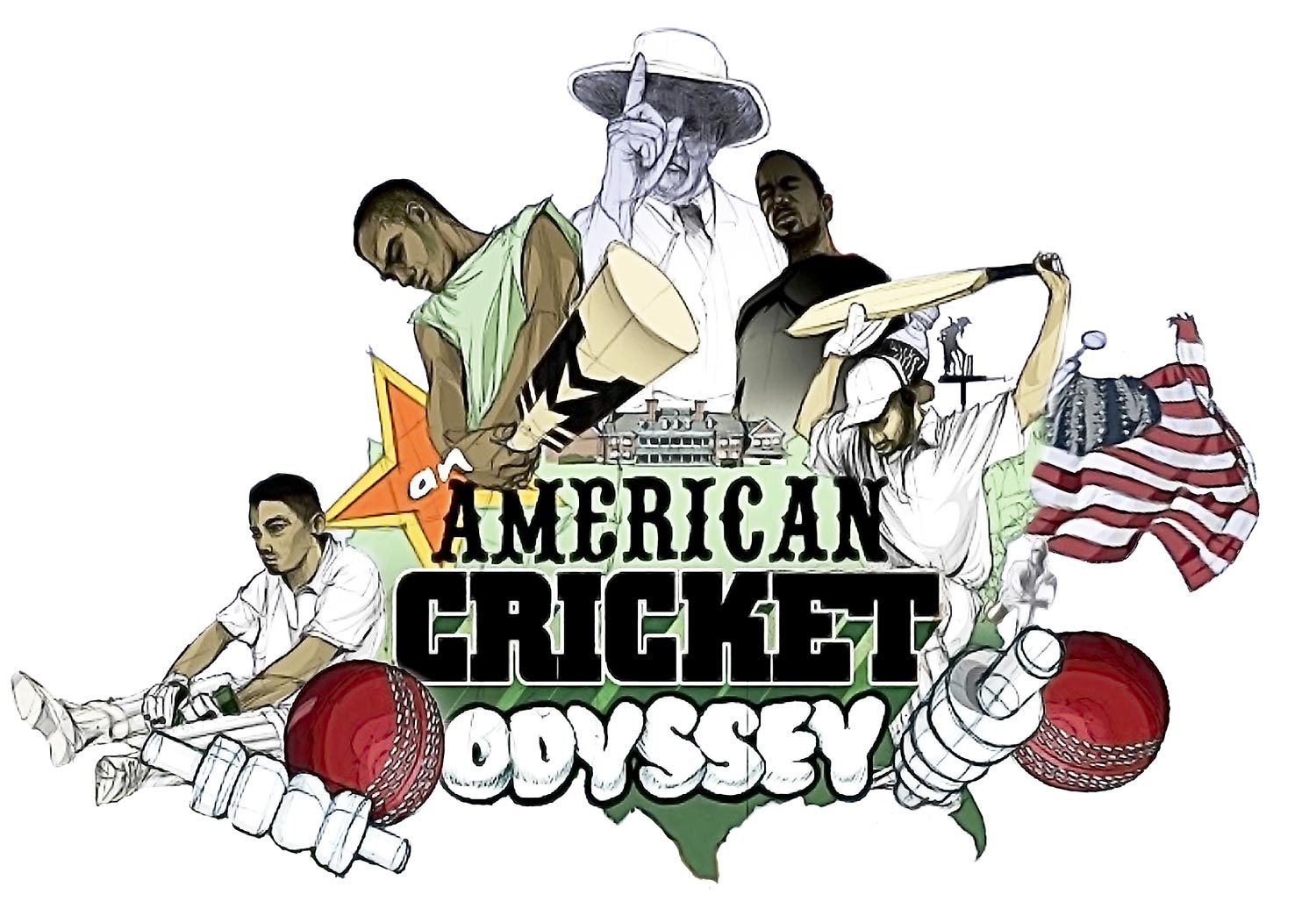 Cartoon image of USA cricketers and an umpire